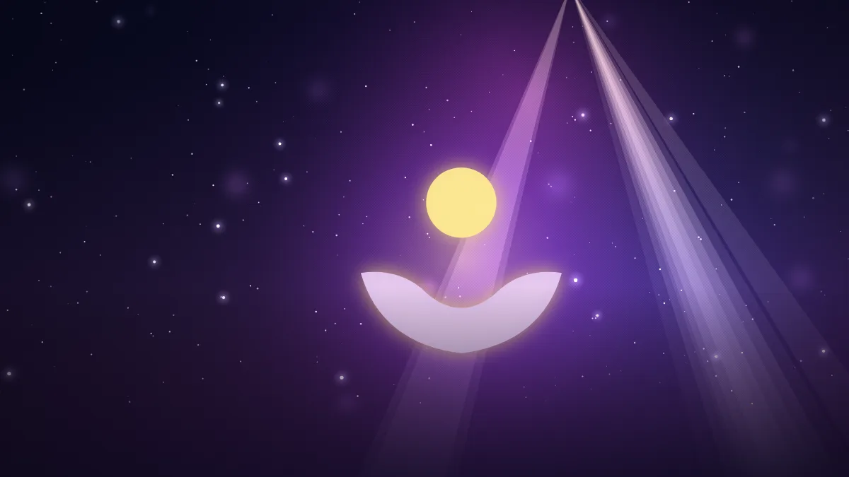 Ilustração de mãos em concha segurando uma pequena luz, sob feixes dourados em céu estrelado
